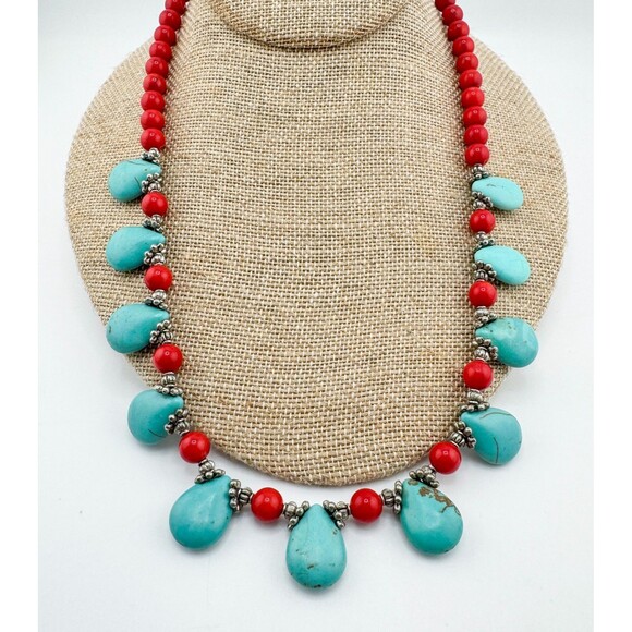 Turquoise & Red Coral Beaded Necklace Set Teardrop Toggle Earrings Southwestern - Picture 13 of 16